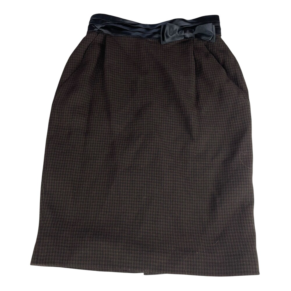 Escada Brown Black Houndstooth‎ Wool Satin Waist Bow Pencil Skirt Vintage Size L
